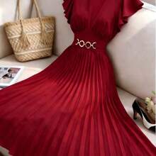 Elenzya New V-Neck Ruffle Sleeve Woven Solid Color Metal Decor Button Pleated Design Elegant Young Party Holiday Dinner Cocktail Maxi Dress For Women - Albaricoque - Ver 4
