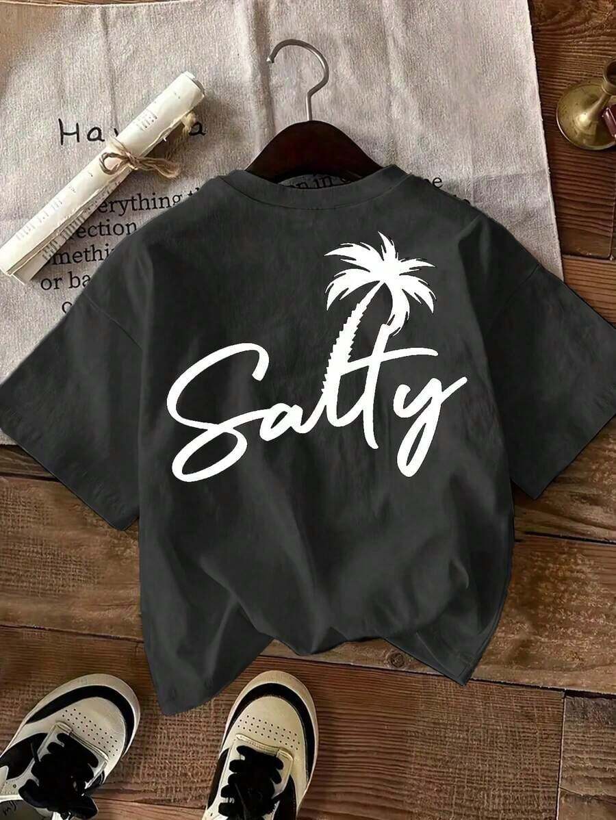 Minimalist. 1 Pack. 100% Cotton. LUNE Women's Salty Beachy Top: Cute Vacation Tee With Palm Tree Graphic For Summer. Summer Crew Neck. - 黑色 - 查看 1