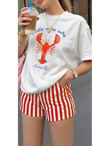 Una camiseta de manga corta para mujer con estilo retro americano, de diseño holgado y estampado (los pantalones son solo sugerencias de estilo). Este artículo sencillo y elegante presenta patrones de texto con temática tropical, siendo un elemento imprescindible para crear un estilo relajado de vacaciones. Es muy adecuado para ocasiones como el Día del Trabajo y el Día de la Independencia de México. La gruesa camiseta multicolor está hecha de 100% algodón con estampados modernos, y es adecuada tanto para hombres como para mujeres. Es un estilo completamente nuevo para primavera/verano/otoño, transpirable y cómodo, sencillo y versátil. - Blanco - Ver 1