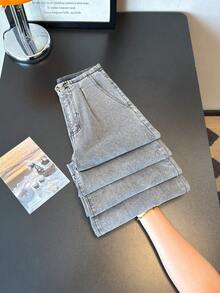 ALO FASHION Elegantes jeans de mezclilla de pierna ancha y larga para mujer, lavado gris casual con detalle de dobladillo sin rematar, tejido elástico de alta calidad para mayor comodidad y estilo. - Gris - Ver 2