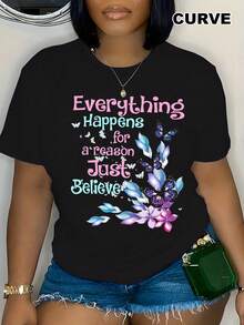 Camiseta de Cuello Redondo para Mujer Talla Grande - Estampado Geométrico, Manga Corta en Mezcla Suave de Poliéster, Lavable a Máquina, Colores Vibrantes, Ropa Cómoda y Casual para Primavera/Verano, Camisetas con Mensajes Motivacionales, Ajuste Confortable - Negro - Ver 2