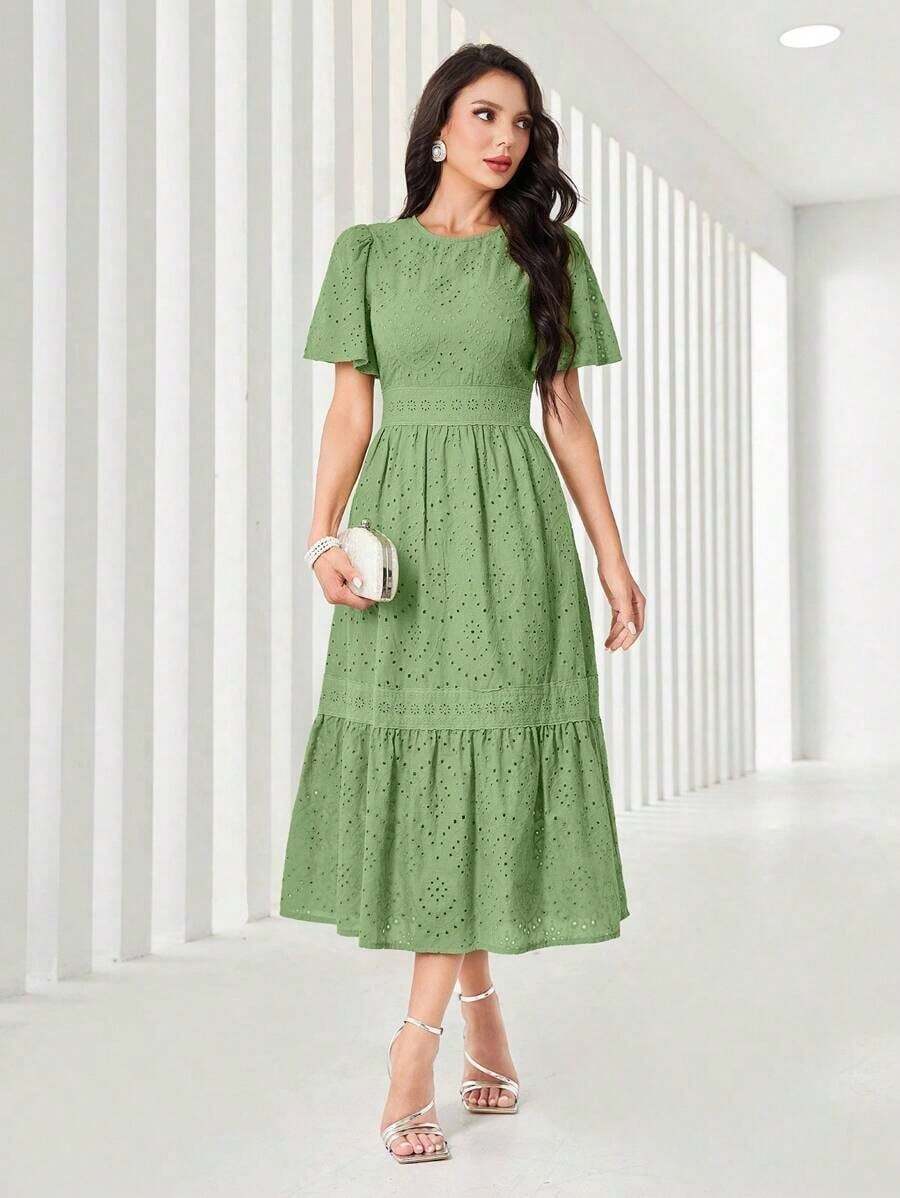 Vestido midi de mujer con cuello redondo, mangas con volantes, bordado y dobladillo con volantes - verde menta - Ver 1