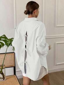 Blusa suelta de manga larga con cuello vuelto, abertura en la espalda y lazo, unicolor, ropa de otoño para mujer - Blanco - Ver 7