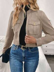 Chaqueta corta de carga de mujer con botones metálicos decorados, cálida y gruesa, adecuada para otoño/invierno - Albaricoque 2 - Ver 7
