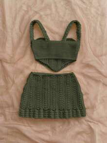 2 piezas Conjunto de top sin espalda de crochet y falda de cintura baja sexy para vacaciones, adecuado para festival de música, estilo bohemio, vacaciones, citas, té de la tarde - Verde Oliva - Ver 2