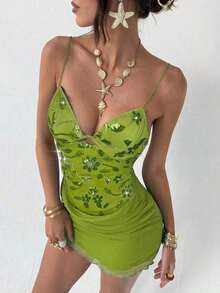Nuevo vestido camisero romántico y sexy con cuello en pico, contraste de malla brillante y shorts, mini vestido anti-destellos - Verde 2 - Ver 3