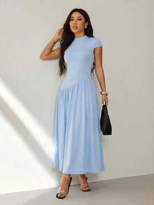 Vestido casual largo plisado de manga abullonada y cuello alto en unicolor para mujer, de verano - Celeste - Ver 5