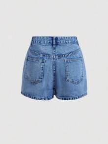 MOD Pantalones cortos de mezclilla sencillos y lisos para mujer, shorts vaqueros de verano - Azul lavado medio - Ver 2