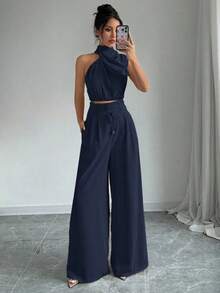 Conjunto de dos piezas para mujer con top de cuello apilado elegante color albaricoque y pantalones de pierna ancha, ropa de maestra, pantalones ligeros y cómodos, conjunto de dos piezas con top sin mangas asimétrico, adecuado para primavera, verano y otoño, conjunto de dos piezas con pantalones holgados, conjunto de dos piezas de diseñador, atuendo para mujeres para conciertos, vestido de noche elegante, adecuado para uso diario, fiestas, temporada de graduación, temporada de bodas, disfraces para actuaciones - Azul marino - Ver 4