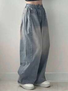 Jeans casuales de bolsillo de ajuste holgado de unicolor para mujer - Lavado ligero 2 - Ver 4