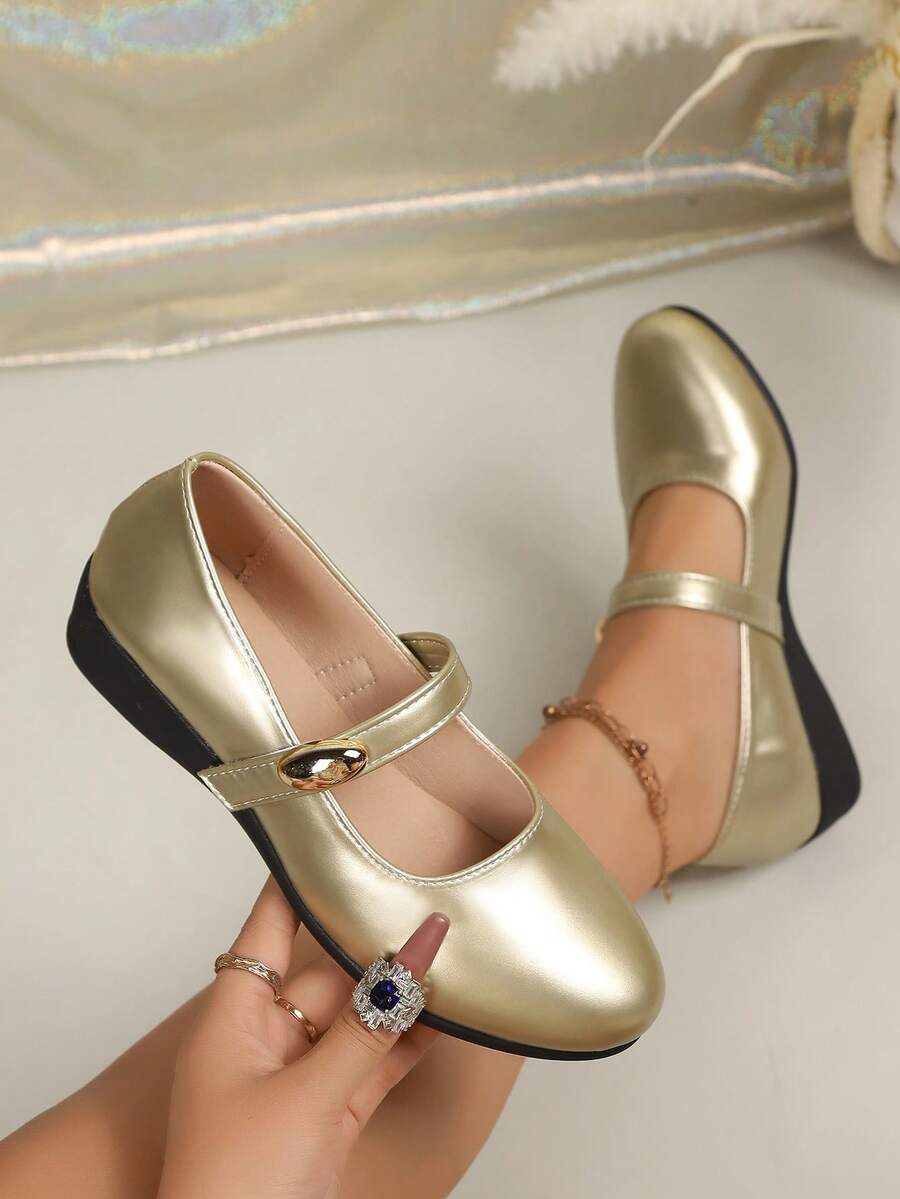 女士坡跟鞋,优雅高跟鞋,金色亮面圆头玛丽珍鞋,百搭套脚款,适合通勤和日常穿着,修饰脚型,多种颜色可选,约会和送礼佳品 - 金色 - 查看 1