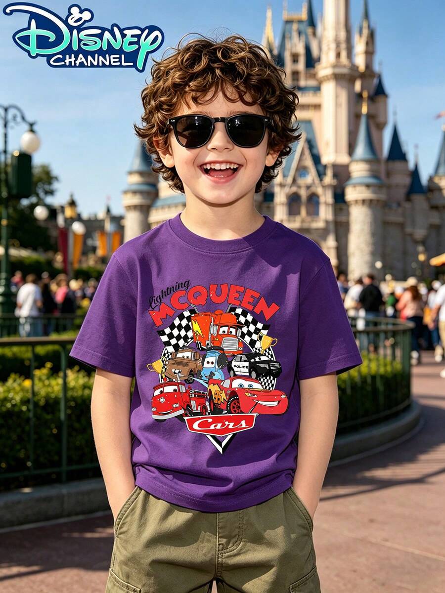 Disney Lightning McQueen Cars Printed Patterns Suitable For Boys And Girls T Shirts Childrens Clothing Design Casual And Versatile Short Sleeve Style Comfortable Casual Wear For The Whole Year Ideal For Parties And Play Machine Washable Kids Clothing Gifts Boys Short Sleeves - Purple - View 1