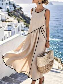 Holidaya Vestido casual de vacaciones con borde de color contrastante, bolsillo asimétrico, vestido largo casual, vestido de primavera/verano para mujer - Albaricoque - Ver 8