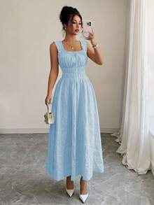 New Women's Texture Flower Fabric, Strap Bow Waist Design - Elegant And Versatile Women's Dress - Elegant Party Women's Dress, Date Night, One Piece, Shopping Festival, New Year Daily, Party, Wedding Night, Fashionable And Versatile, Simple And Elegant - màu xanh nhạt - Xem 7