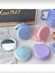 Foldable Travel Makeup Mirror Brush, With Detachable Mirror, Boar Bristle Massage Brush - Portable Design, Suitable For Women And Girls, Soft Tones (Mint Green, Pink, Light Purple Blue, Light Blue), Fashion Accessory, Structure, Hairstyling, Hairstyling Tools, Salon Beauty Travel Essentials, Hair Accessories, Summer, Vacation - Folding Air Cushion Comb Mirror - View 8