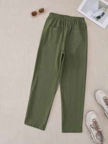 Pantalones casuales de mujer con decoración de botones y bolsillos en diagonal - Verde militar - Ver 2