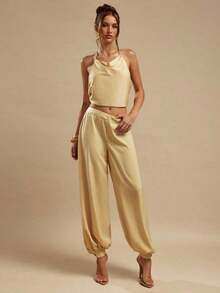 Women's Satin Palazzo Pants, Elegant Loose-Fitting Ginger Yellow Trousers, Suitable For Going Out, Brunch, Summer, Weddings, Honeymoon, Beach Vacation - 黃色 - 查看 6