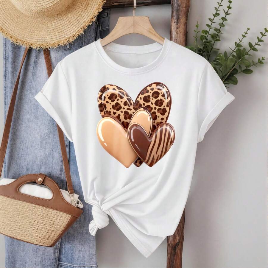 Playera Mujer Cuello Redondo 100% Algodón Estampado de Corazones con Estampado Leopardo y Zebra Uso Diario Casual Tela Elástica Sin Arrugas Top Casual de Uso Diario|Top de Moda Femenino - Blanco - Ver 1