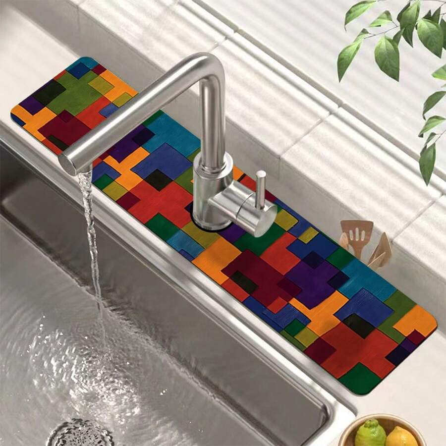 1pc Bohemian Pattern Printed Faucet Mat, Durable Polyester, Quick Drying, Easy To Clean, Suitable For Kitchen And Bathroom, Easy To Install, Daily Decor, Gift, Bathroom Mat, Durable Faucet Mat, Faucet Accessory - Multicolor - View 1