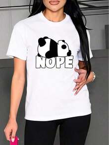 Camiseta casual de color sólido para mujer, estampada con el diseño "Lie Flat Panda". Camiseta para mujer, sencilla y elegante. - Blanco - Ver 5