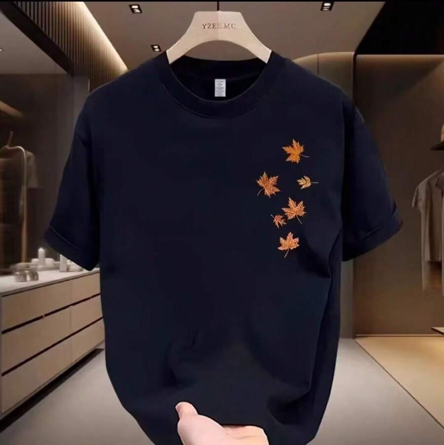 [Zona de 10% de Descuento]  de Outlet: Camiseta de Manga Corta Estilo Americano, Tejido Grueso, Corte Holgado, Cuello Redondo - Negro - Ver 1