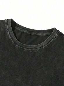 Camiseta de algodón lavado de cuello redondo y manga corta con estampado minimalista para hombres - Blanco - Ver 3