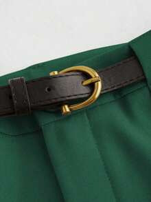 Pantalones rectos de cintura media de unicolor elegante con cinturón, negro, primavera - Verde - Ver 3