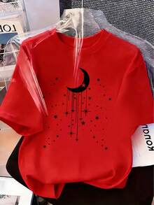 Camiseta manga corta cuello redondo 100% algodón, estampado trendy, tejido ligero y ventilado, estilo moda casual, apta para vida diaria, salidas informales y citas en primavera, verano y otoño - Rojo - Ver 7