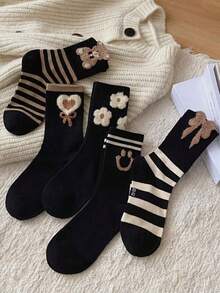4/5 Pairs Women's Cute Bear&Heart&Flower&Bow Pattern Mid-Calf Socks, Fashionable And Comfortable, Colors Random, Suitable For All Seasons - Multicolor - View 4