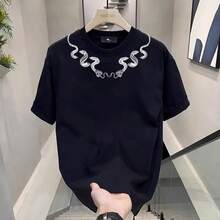 Camiseta de algodón de manga corta para hombre, estilo americano de calle, de alta gama, elegante, de talla grande, holgada, con cuello redondo y estampado, nueva colección de verano. ZUOX - 200 g de algodón puro - blanco - Ver 2
