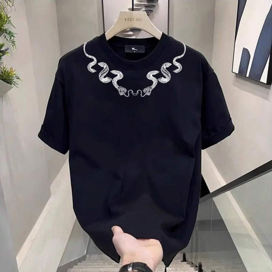 Men's Short-Sleeved Cotton T-Shirt, American Street Style, High-End, Elegant, Plus Size, Loose Fit, Crew Neck, And Print, New Summer Collection. ZUOX - 純棉250克-黑色 - 查看 1