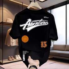 Camiseta de verano de algodón para hombre, de manga corta, holgada, versátil y casual, con estampado de letras y cuello redondo con diseño de cola de golondrina. ACW6 - 250 g de algodón puro - negro con cuatro detalles dorados - Ver 1