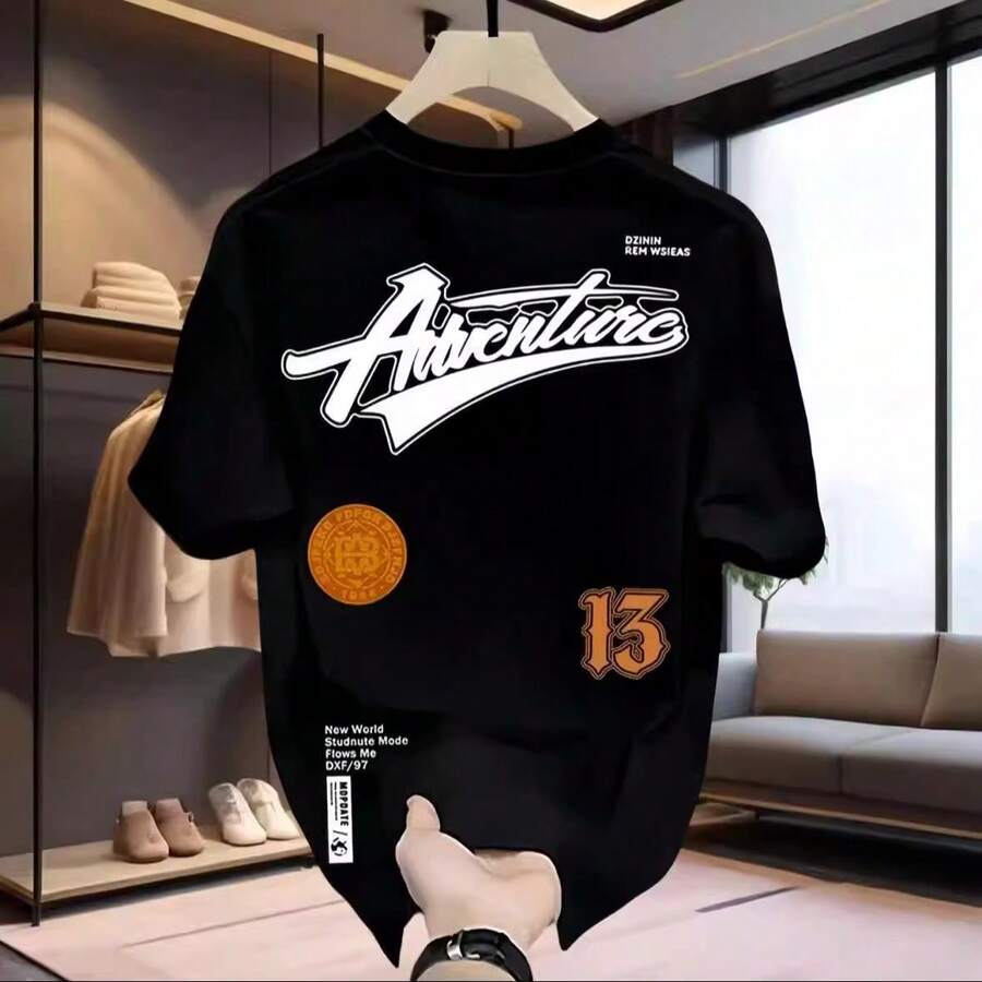 Camiseta de verano de algodón para hombre, de manga corta, holgada, versátil y casual, con estampado de letras y cuello redondo con diseño de cola de golondrina. ACW6 - 250 g de algodón puro - negro con cuatro detalles dorados - Ver 1