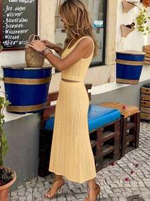 Conjunto de dos piezas de vestido maxi de punto hueco de unicolor vintage elegante para mujer, conjunto casual para ciudad, vacaciones y playa en verano - Amarillo claro - Ver 12