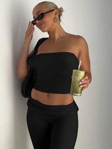 Nueva blusa de sujetador sólido, pantalones largos de trompeta, traje de adelgazamiento de moda para mujeres - Negro - Ver 2