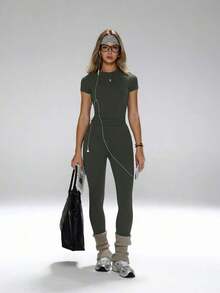 Conjunto de yoga para mujer, pantalones deportivos de cintura alta, conjunto deportivo moldeador de 2 piezas, conjunto de yoga con control de abdomen, camiseta de cuello redondo ajustada emparejada con pantalones de yoga de cintura alta, conjunto esen - Verde militar - Ver 10