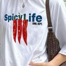 Camiseta de manga corta de algodón puro con estampado de chiles y la letra 2026, diseño versátil y holgado, estilo americano, nueva camiseta de verano. - Blanco - Ver 5