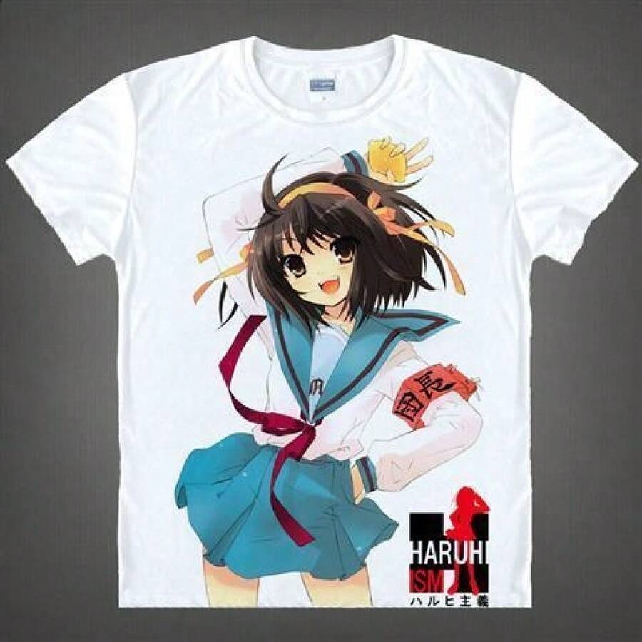 Camiseta de manga corta transpirable unisex con cuello redondo de anime 2D de Haruhi Suzumiya's Melancholy SOS - Blanco - Ver 1