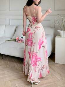 Vestido de verano casual de tirantes con cuello drapeado, cintura fruncida y estampado de malla para mujer - Albaricoque - Ver 2