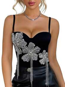 Top de tirantes con flores con brillantes de rhinestone negro, corsé casual de espina de pescado usado por fuera para vacaciones de verano - Negro - Ver 3