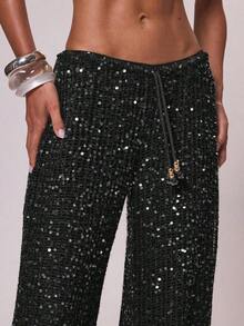 Resort - Pantalones de Ganchillo de Pierna Ancha con Lentejuelas para Mujer, Estilo Boho Ibiza, Elegantes para Vacaciones de Verano en la Playa - Negro - Ver 9
