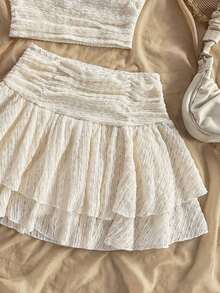 Conjunto de 2 piezas de top sin mangas ajustado con cuello en V y falda mini de doble capa acampanada en color beige texturizado, atuendo de resort - Beis - Ver 5