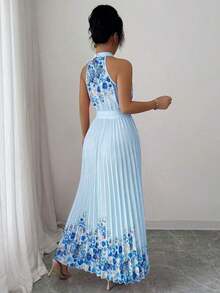 Vestido holgado de verano elegante con estampado floral y cuello halter para mujer - Azul - Ver 2