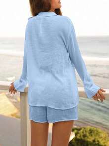 Swim Vcay Set cover up unicolor con botón delantero - Celeste - Ver 2