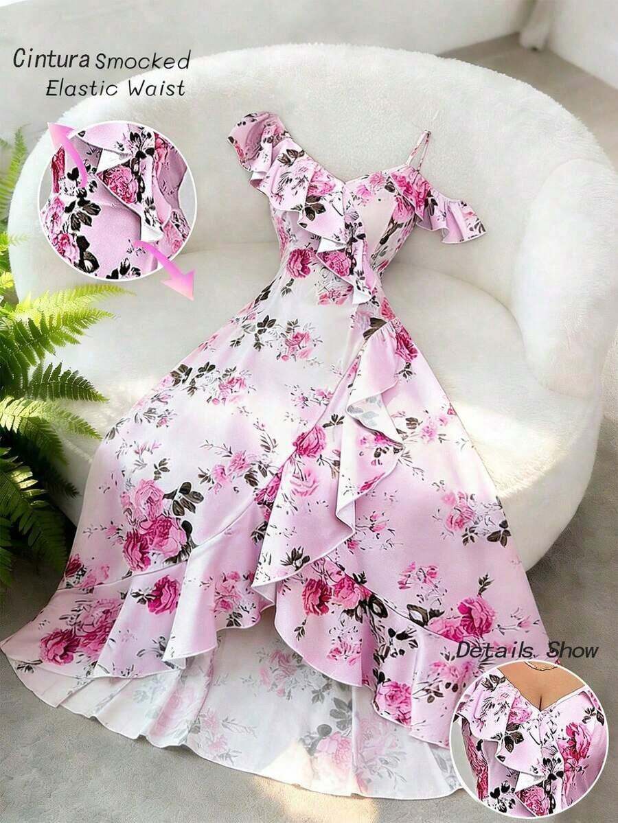 YHHElenzga Vestido largo rosa de estilo retro romántico para mujer, con estampado floral, cuello oblicuo, volantes en el bajo e bajo irregular, ideal para vacaciones en la playa, reuniones diarias, citas y fiestasYHH - Rosa - Ver 1