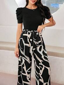 Conjunto de 2 piezas de mujer de blusa de manga corta abombada de cuello redondo lisa y pantalones estampados para el verano - Negro - Ver 3
