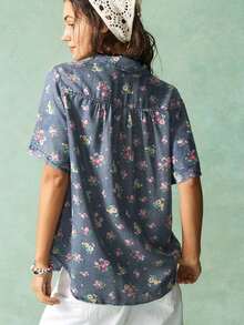 Camisa de verano de mujer ajustada, tipo bohemia, de jean impreso, de manga corta con cuello, informal para festival de música, Pascua - Azul - Ver 7