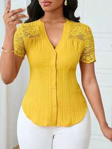 Camisa casual de mujer de unicolor y estilo simple para uso diario, verano - Amarillo 2 - Ver 7