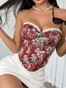 Novel Retro Jacquard Top With Lace, Stylish Bone Belt With Cord, Exclusive Design And Slimming Effect - 紅色 - 查看 5