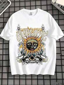 Men's Retro T-Shirt With Skull And Sun Print - 100% Cotton, Vintage Graphic Design, Standard Fit And True To Size, Comfortable And Skin-Friendly Fabric, Short Sleeve, Unisex Casual Wear For Daily Use And Music Festivals, Band Style, Free Theme, Loose Fit Short Sleeve T-Shirt, Vintage Washed Cotton Crew Neck T-Shirt, Soft And Casual. - 白色 - 查看 7
